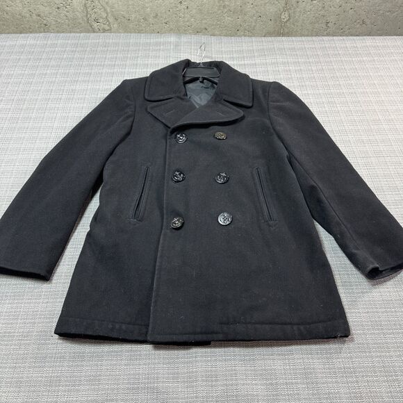 Vintage Navy Wool Peacoat‎ Mens 38R Black Double Breasted Military Issue Sailor - Picture 1 of 12